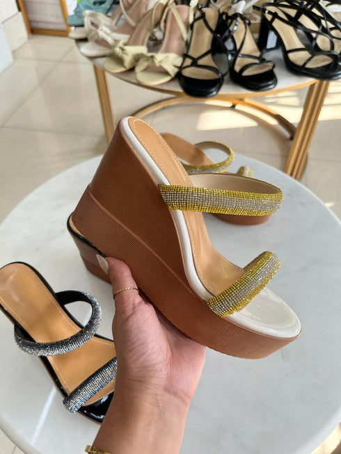 Rhinestone Embedded Double Straps Wedge sandals